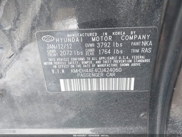44302627 :رقم المزاد ، KMHDH4AE4CU424060 vin ، 2012 Hyundai Elantra Gls (ulsan Plant) مزاد بيع