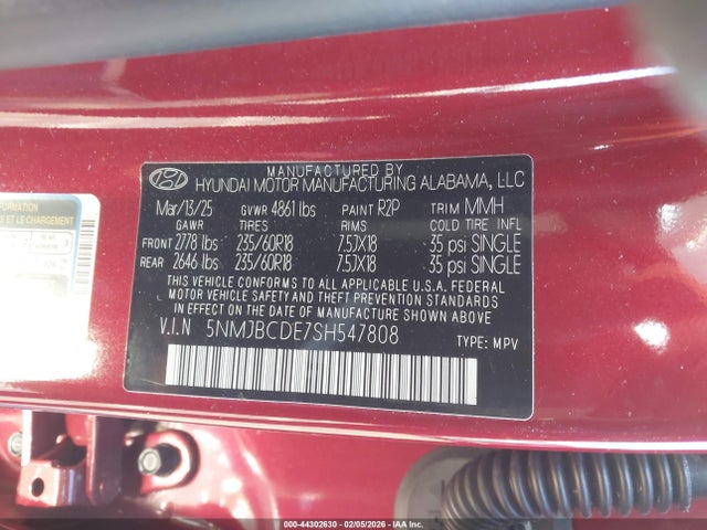 Продаж на аукціоні авто 2025 Hyundai Tucson Sel, vin: 5NMJBCDE7SH547808, номер лоту: 44302630