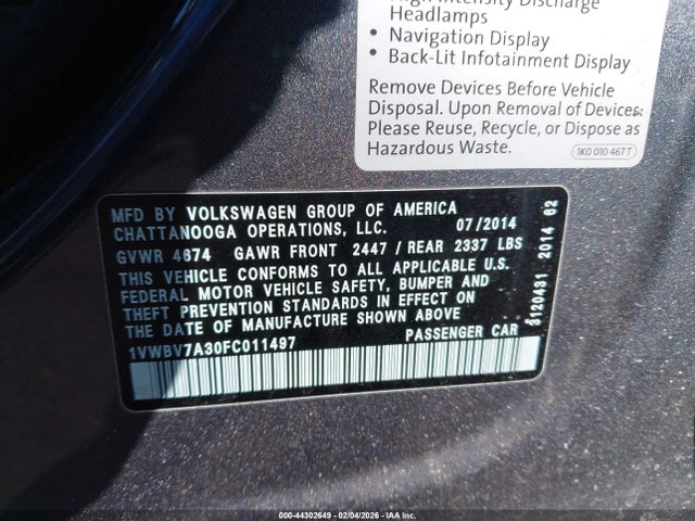 44302649 :رقم المزاد ، 1VWBV7A30FC011497 vin ، 2015 Volkswagen Passat 2.0l Tdi Se مزاد بيع