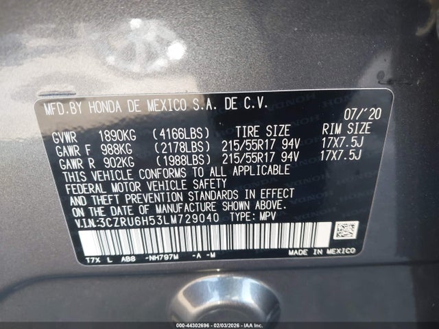 3CZRU6H53LM729040 Honda Hr-v Awd Ex