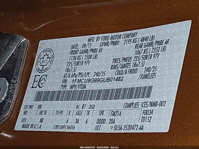 1FMCU9G99GUB01482 Ford ESCAPE SE