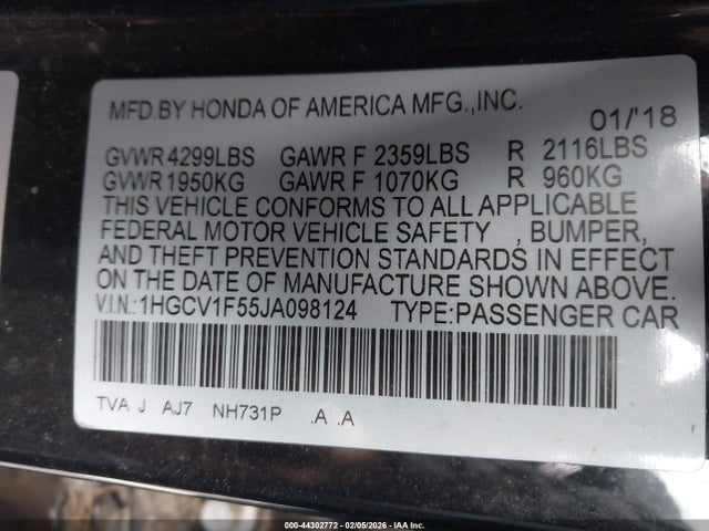 2018 Honda Accord Ex-l მანქანა იყიდება აუქციონზე, vin: 1HGCV1F55JA098124, აუქციონის ნომერი: 44302772