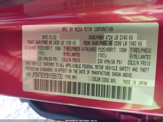 44302779 :رقم المزاد ، JM3KFBCM3N1555700 vin ، 2022 Mazda Cx-5 2.5 S Preferred مزاد بيع