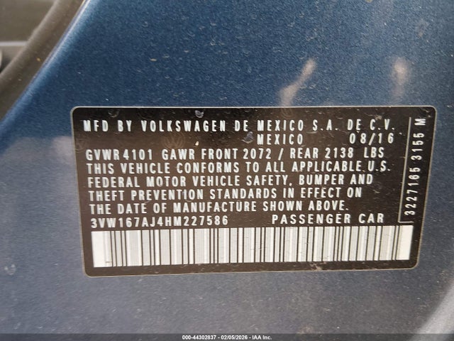 Aukcja sprzedaży 2017 Volkswagen Jetta 1.4t S, vin: 3VW167AJ4HM227586, numer aukcji: 44302837
