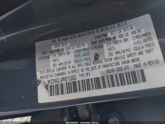 44302847 :رقم المزاد ، 3MVDMADL4MM210893 vin ، 2021 Mazda Cx-30 Premium مزاد بيع
