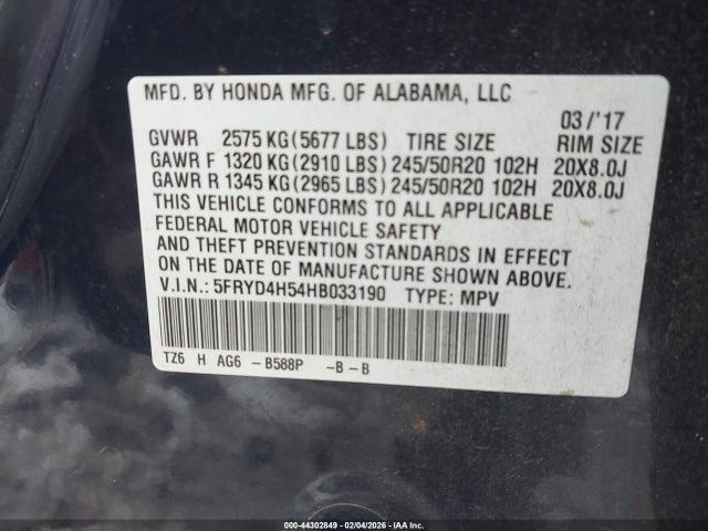 44302849 :رقم المزاد ، 5FRYD4H54HB033190 vin ، 2017 Acura Mdx Technology Package مزاد بيع
