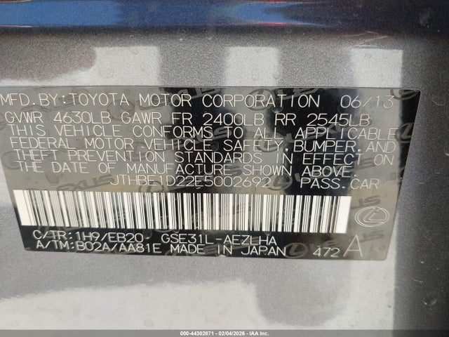 Продаж на аукціоні авто 2014 Lexus Is 350, vin: JTHBE1D22E5002692, номер лоту: 44302871