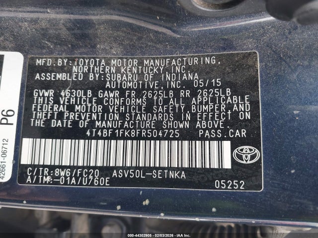 2015 TOYOTA CAMRY 4T4BF1FK8FR504725 Photo 8