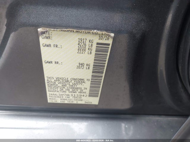 1N4AL3AP7HN315942 Nissan Altima 2.5/2.5 S/2.5 Sl/2.5 Sr/2.5 Sv
