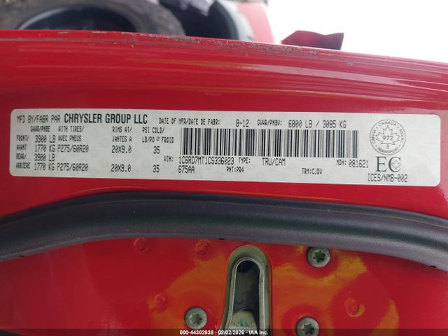 44302938 :رقم المزاد ، 1C6RD7MT1CS336023 vin ، 2012 Ram 1500 Sport مزاد بيع