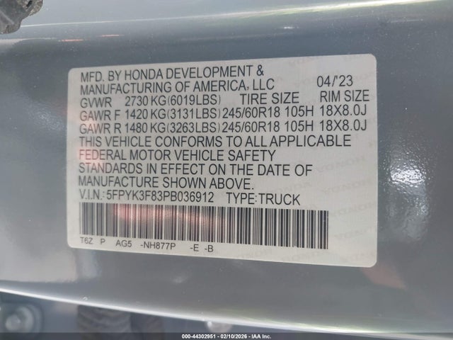 5FPYK3F83PB036912 Honda Ridgeline Black Edition