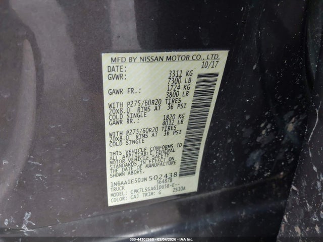 Продажа на аукционе авто 2018 Nissan Titan Sv, vin: 1N6AA1E50JN502438, номер лота: 44302960