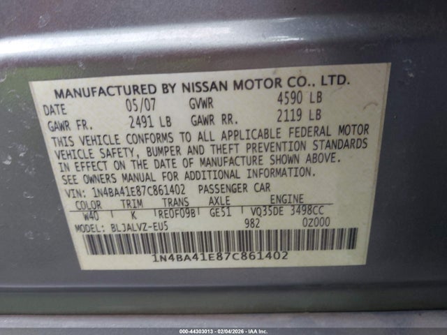 44303013 :رقم المزاد ، 1N4BA41E87C861402 vin ، 2007 Nissan Maxima 3.5 Se مزاد بيع