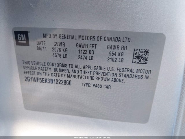 Продажа на аукционе авто 2011 Chevrolet Impala Ls, vin: 2G1WF5EK3B1322860, номер лота: 44303081