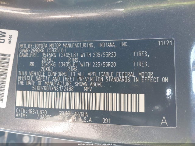 5TDDZRBHXNS172488 Toyota Highlander Limited