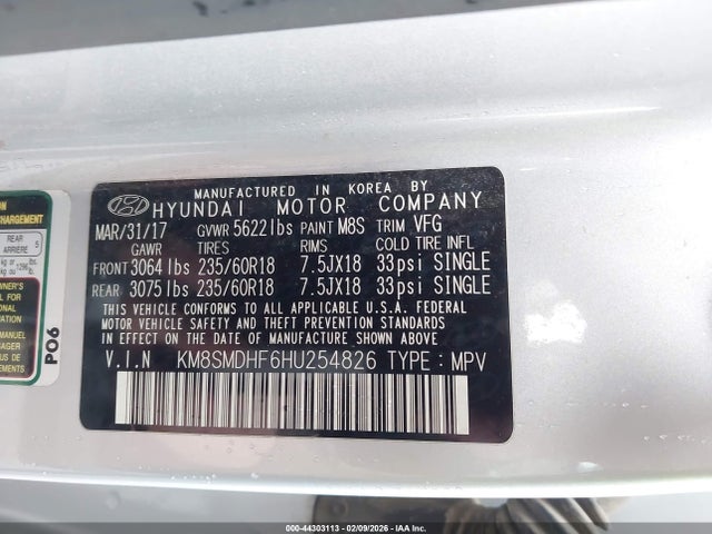 KM8SMDHF6HU254826 Hyundai Santa Fe Se