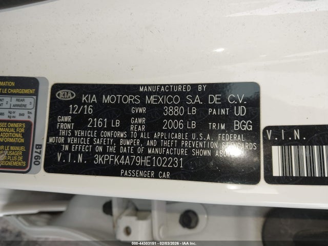 Aukcja sprzedaży 2017 Kia Forte Lx, vin: 3KPFK4A79HE102231, numer aukcji: 44303151