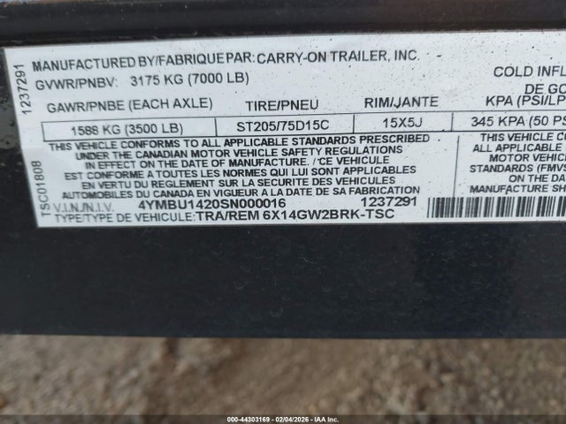 4YMBU1420SN000016 Carry-on Utility Trailer