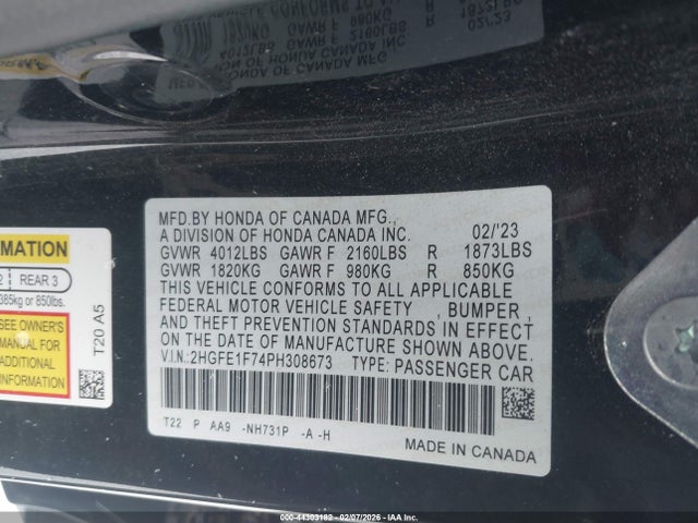 Honda Civic Ex/ex W/o Bsi 2023 2HGFE1F74PH308673 Image 9