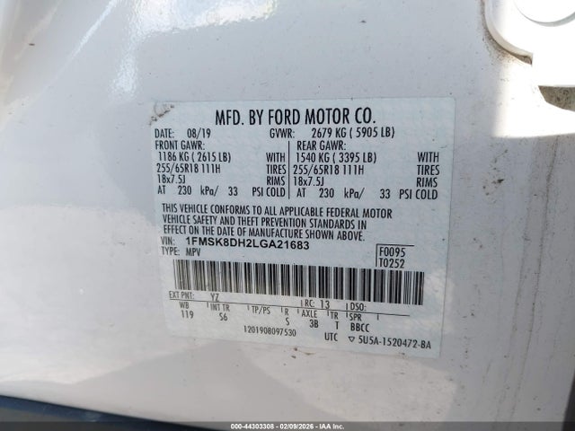 44303308 :رقم المزاد ، 1FMSK8DH2LGA21683 vin ، 2020 Ford Explorer Xlt مزاد بيع