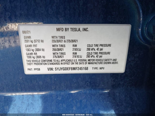 2021 TESLA MODEL Y 5YJYGDEF8MF245168 Photo 8