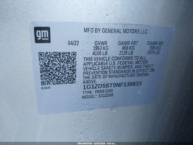 1G1ZD5ST9NF139833 Chevrolet Malibu Fwd Lt