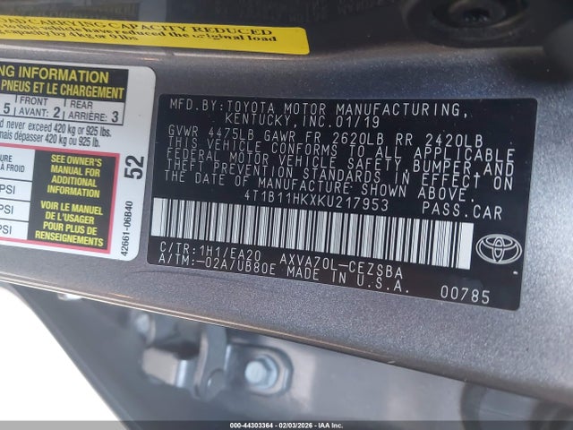 2019 TOYOTA CAMRY 4T1B11HKXKU217953 Photo 8