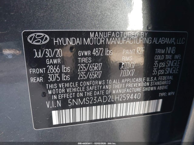 5NMS23AD2LH259440 Hyundai Santa Fe Se