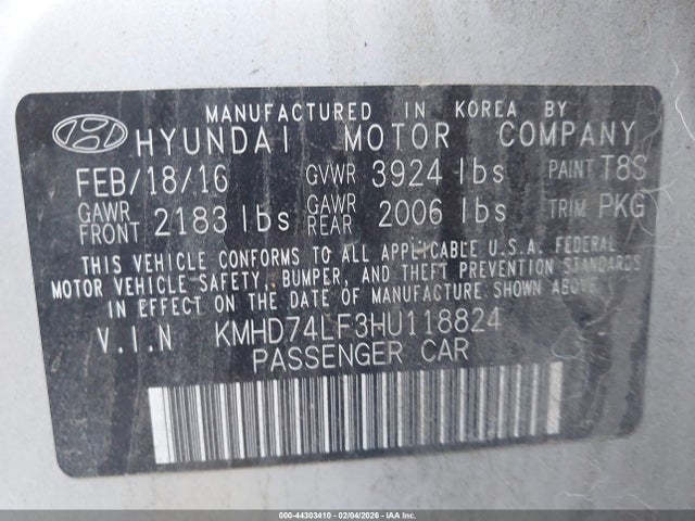 KMHD74LF3HU118824 Hyundai ELANTRA SE