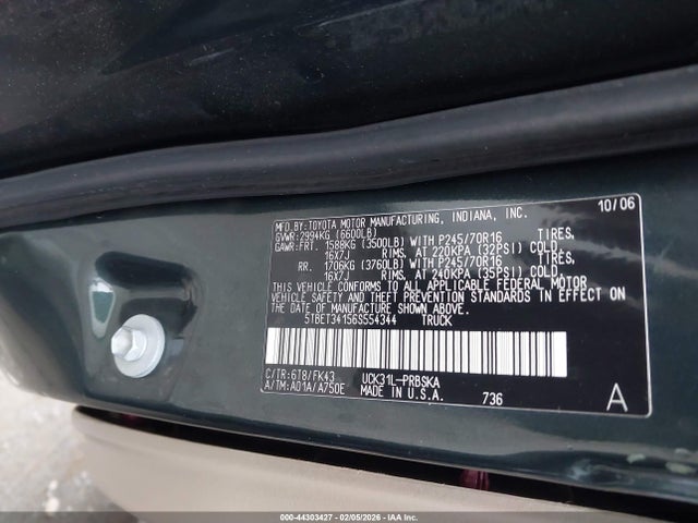 Aukcja sprzedaży 2006 Toyota Tundra Sr5 V8, vin: 5TBET34156S554344, numer aukcji: 44303427