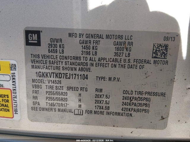 44303428 :رقم المزاد ، 1GKKVTKD7EJ171104 vin ، 2014 Gmc Acadia Denali مزاد بيع