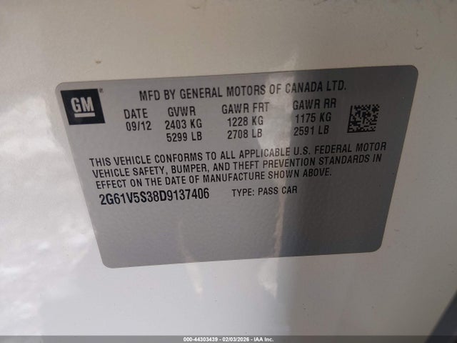 44303439 :رقم المزاد ، 2G61V5S38D9137406 vin ، 2013 Cadillac Xts Platinum مزاد بيع