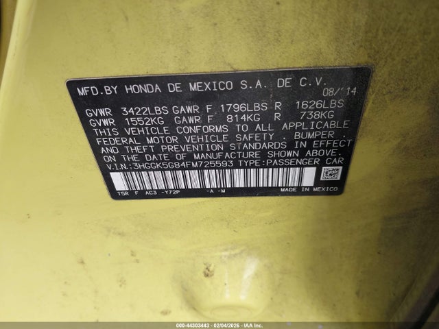 3HGGK5G84FM725593 Honda FIT EX