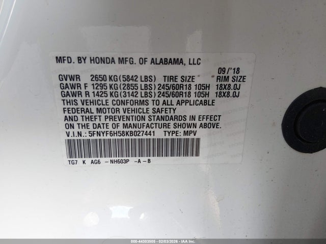 5FNYF6H58KB027441 Honda Pilot Ex-l