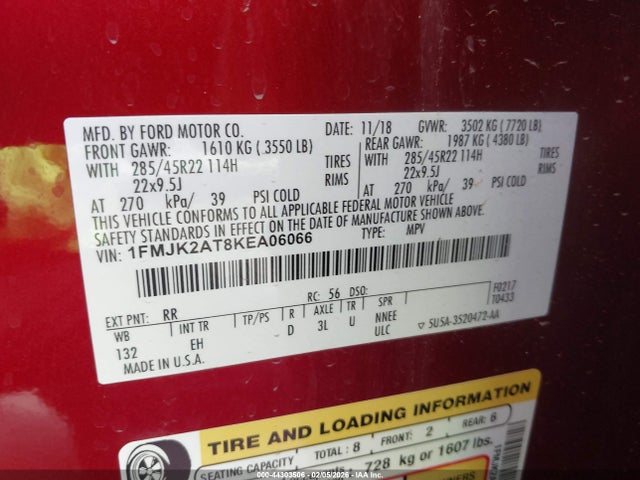 1FMJK2AT8KEA06066 Ford Expedition Max Limited