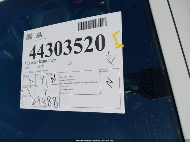 2021 Bmw 530e მანქანა იყიდება აუქციონზე, vin: WBA13AG08MCF44449, აუქციონის ნომერი: 44303520