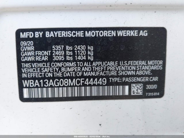 2021 Bmw 530e მანქანა იყიდება აუქციონზე, vin: WBA13AG08MCF44449, აუქციონის ნომერი: 44303520