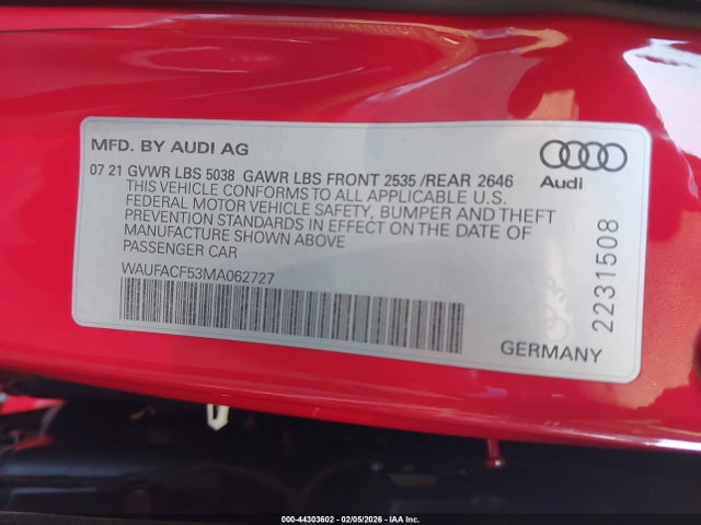 Продажа на аукционе авто 2021 Audi A5 Sportback Premium Plus 45 Tfsi Quattro S Tronic, vin: WAUFACF53MA062727, номер лота: 44303602