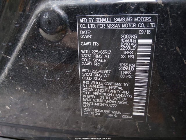 2019 Nissan Rogue Sv მანქანა იყიდება აუქციონზე, vin: KNMAT2MT5KP501777, აუქციონის ნომერი: 44303606
