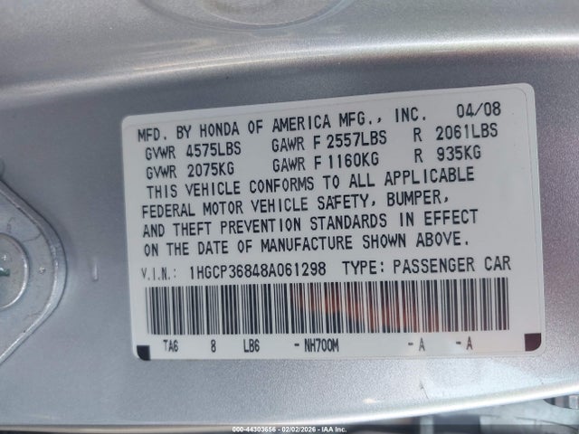 Aukcja sprzedaży 2008 Honda Accord 3.5 Ex-l, vin: 1HGCP36848A061298, numer aukcji: 44303656