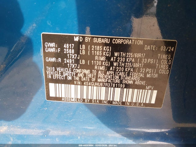 44303664 :رقم المزاد ، 4S4GUHU67R3781199 vin ، 2024 Subaru Crosstrek Wilderness مزاد بيع