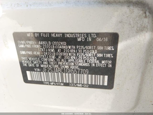 Продажа на аукционе авто 2016 Subaru Forester 2.5i, vin: JF2SJABC1GH557709, номер лота: 44303693
