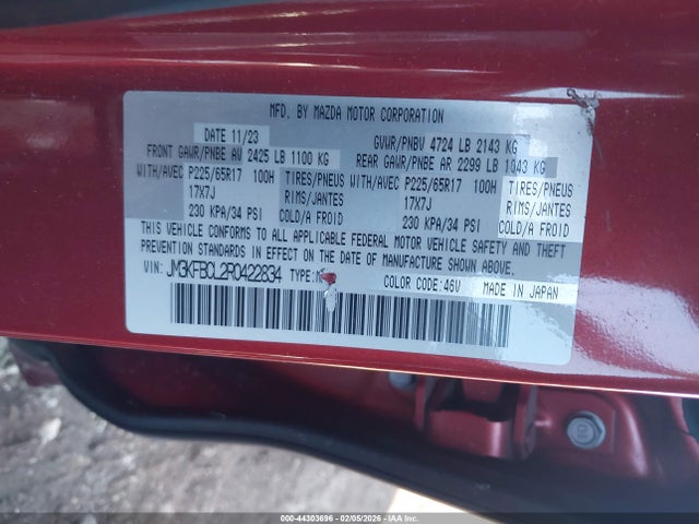 Aukcja sprzedaży 2024 Mazda Cx-5 2.5 S Preferred, vin: JM3KFBCL2R0422834, numer aukcji: 44303696
