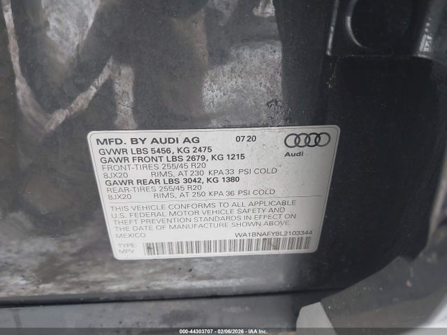44303707 :رقم المزاد ، WA1BNAFY8L2103344 vin ، 2020 Audi Q5 Premium Plus 45 Tfsi Quattro S Tronic مزاد بيع