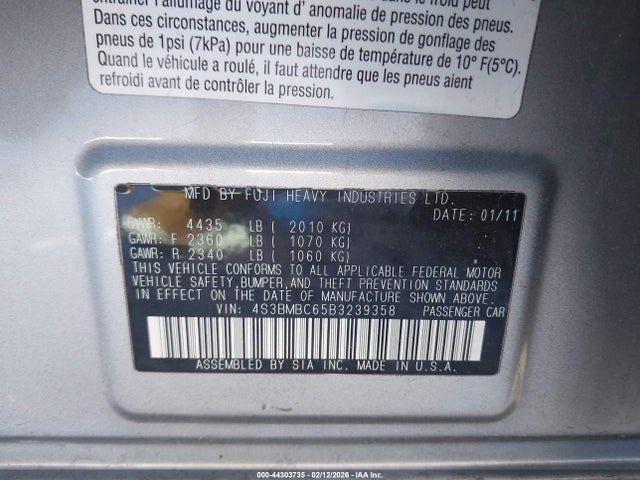 44303735 :رقم المزاد ، 4S3BMBC65B3239358 vin ، 2011 Subaru Legacy 2.5i Premium مزاد بيع