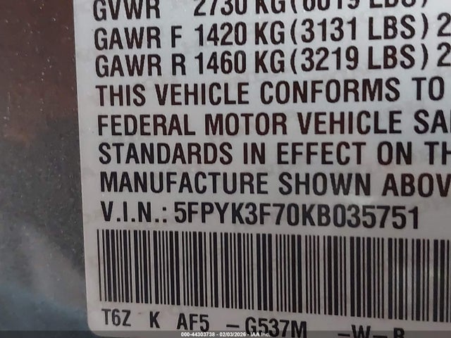 44303738 :رقم المزاد ، 5FPYK3F70KB035751 vin ، 2019 Honda Ridgeline Rtl-e مزاد بيع
