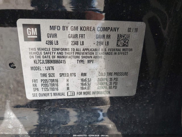 KL7CJLSB0KB860415 Chevrolet Trax Lt