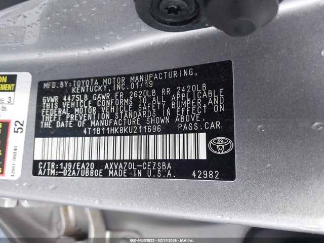 2019 TOYOTA CAMRY 4T1B11HK8KU211696 Photo 8