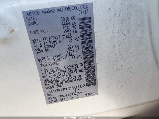 2014 Nissan Rogue Sv მანქანა იყიდება აუქციონზე, vin: 5N1AT2MT8EC780102, აუქციონის ნომერი: 44303824
