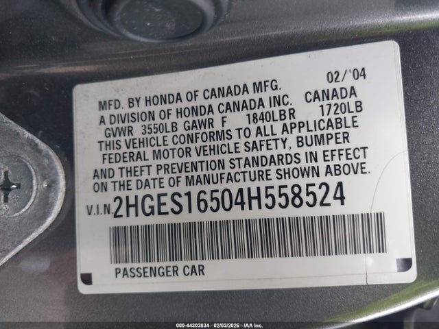 2004 HONDA CIVIC 2HGES16504H558524 Photo 8
